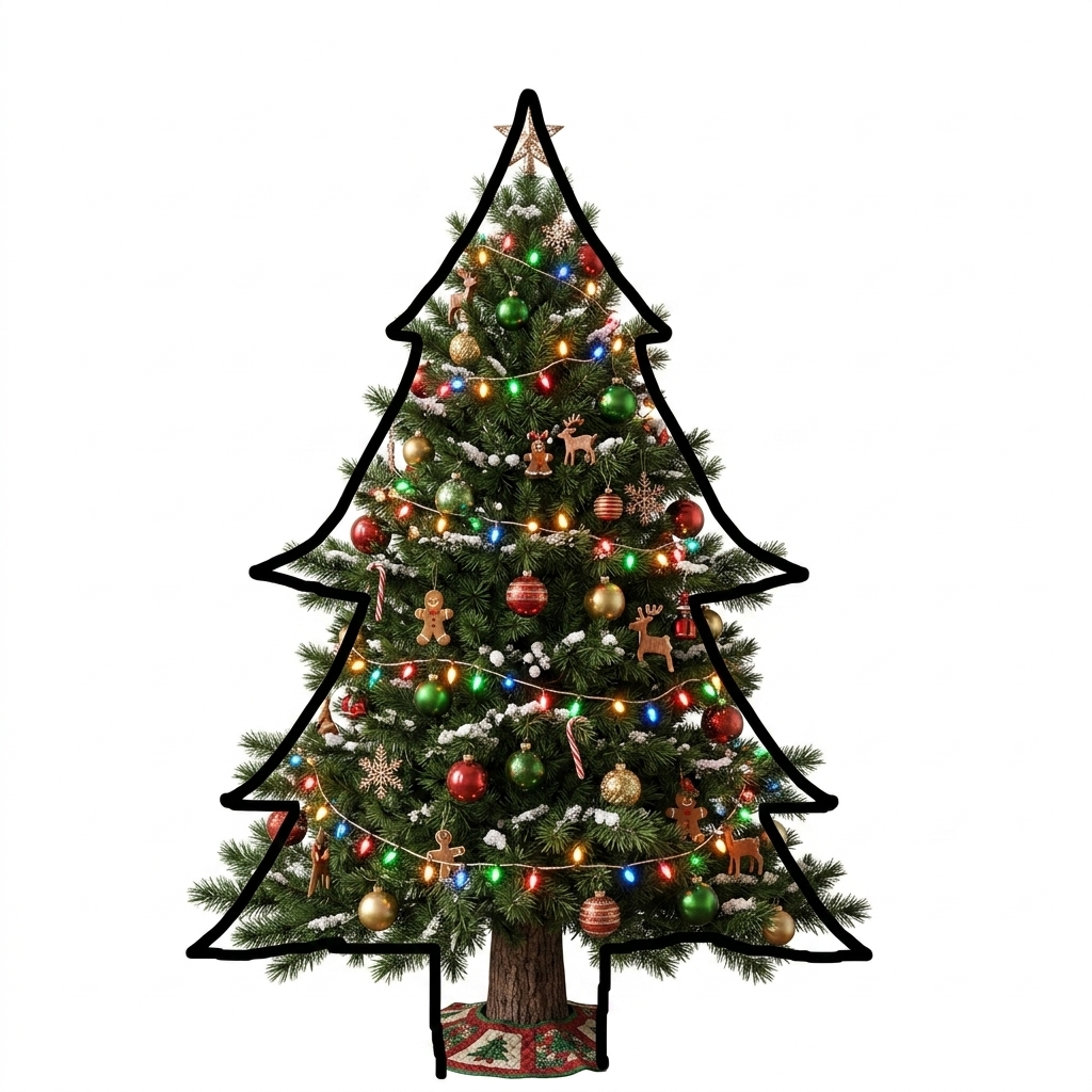 A fully rendered Christmas tree following the provided outline