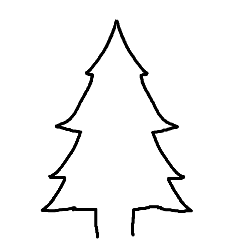 A simple hand-drawn black outline of a Christmas tree